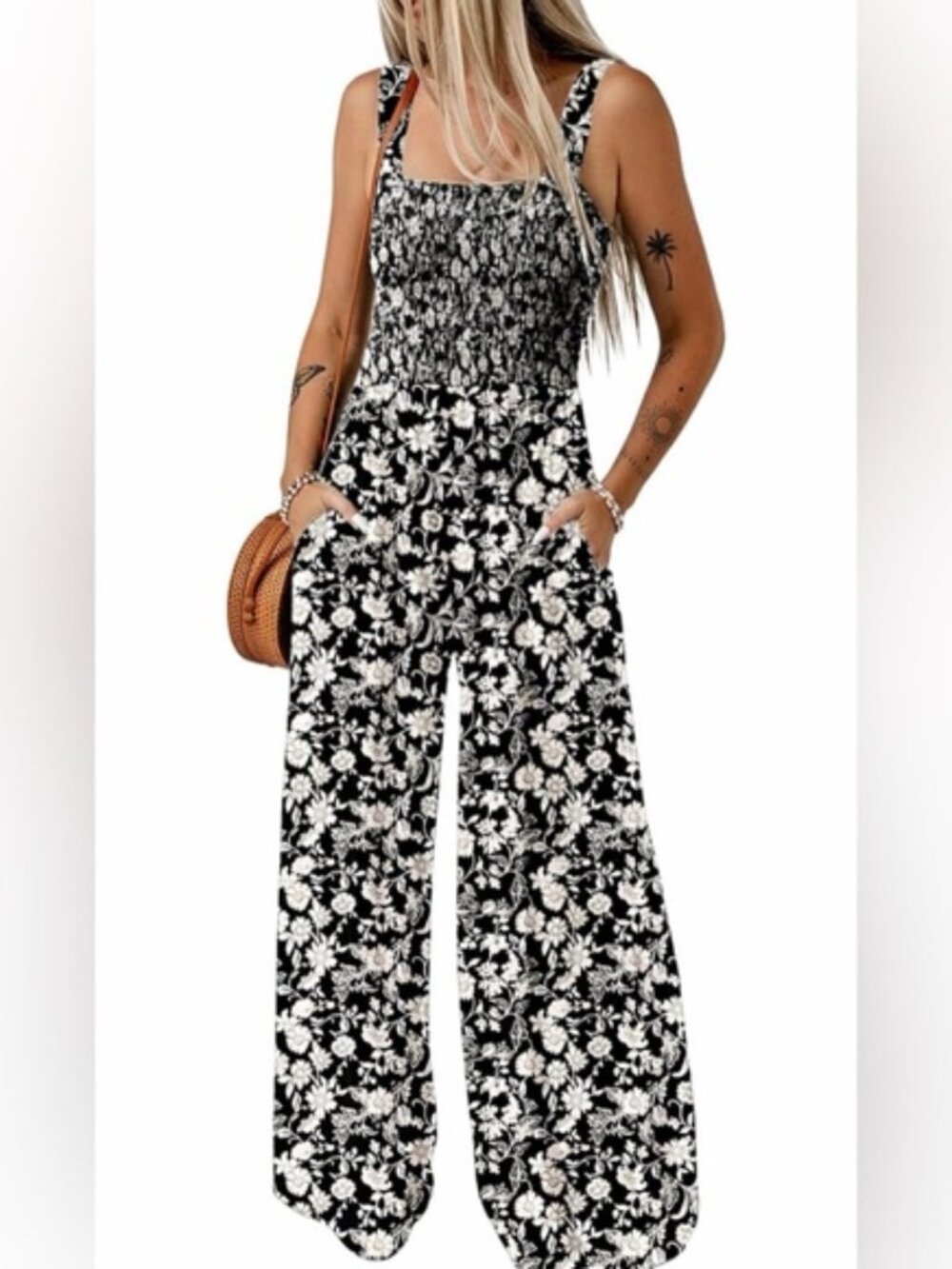 🆕Overalls One Piece Sleeveless Printed Wide Leg Rompers With Pockets